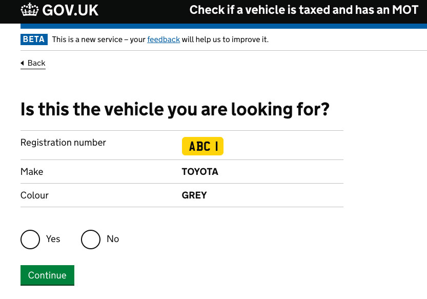 Introductory page of the DVLA vehicle checker